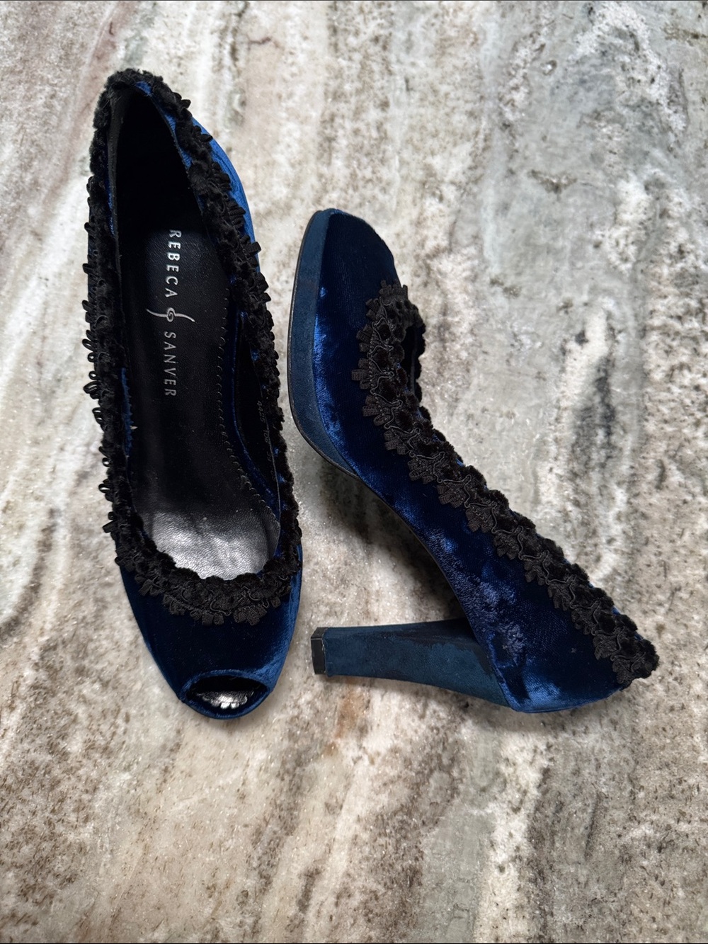Rebeca Sanver Navy Velvet Peep-Toe Heels with Black ruffle Trim